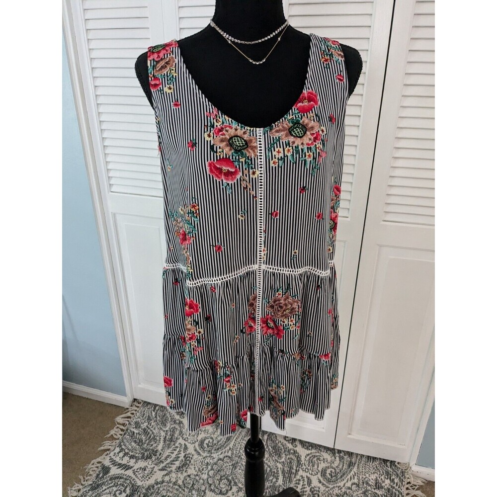 Simply Noelle Top Women's S/M (8-10) Multi Floral Stripe Tier Loose Fit Tank